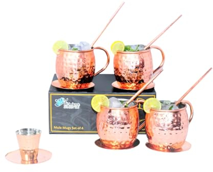Airina homestyle Moscow Mule Ensemble de 4 tasses, 4 tasses en cuivre martelé avec 4 pailles, 4 sous-verres et 1 verre à shot