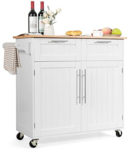 GOPLUS Postre con Ruedas, Cesta de Cocina de Madera, con Armario, Estante de 3 Niveles Ajustables y 2 cajones, toalleros, 94 x 45 x 94,5 cm, Blanco