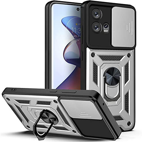 ESTH® Hülle für Motorola Moto G72 4G mit Slide Camera Cover [Kameraschutz] [Ring Ständer] [Case Kompatibel Mit Magnetischer Autohalterung] Stoßfeste Handyhülle, Silber