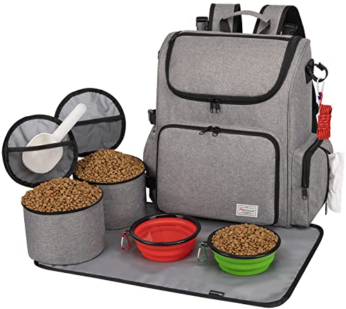Modoker Hunde-Reisetaschen-Rucksack, von Fluggesellschaften zugelassenes Haustierzubehör-Organizer für Hund und Katze mit Schultergurt, 2 Hundefutter-Aufbewahrungsbehälter, 1 Haustiermatte, Grau