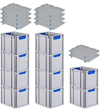 PROREGAL SuperSparSet 10x Eurobox NextGen Color mit Auflagedeckel & Schiebeschnappverschlüsse, HxBxT 32x30x40cm, 30L, Griffe blau geschlossen, Glatter Boden, Eurobehälter Transportbox