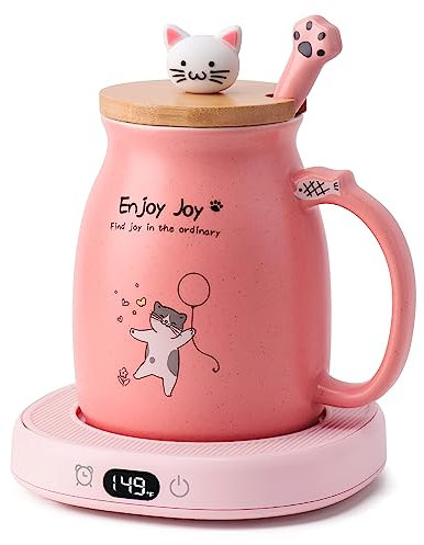 Bsigo Cute Cat Mug Set with Electric Smart Mug Warmer for Home & Office, Beverage Tea or Coffee Cup Warmer with 3-Temp Settings, 8H Auto Shut Off, Pink