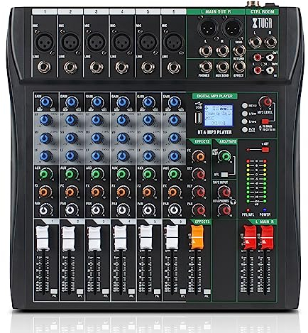XTUGA CT60 Table de mixage audio professionnelle 6 canaux pour ordinateur, contrôleur de son, interface audio avec effet numérique, mixeur de studio avec alimentation fantôme 48V, entrée RCA XLR