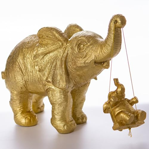 HXTNool Elefanten Deko Statue,Elefant Figuren,Babyelefantenschaukel Skulptur Geschenke,Harz Handwerk Ornamente Geschenke,Deko für BüRo,Fensterbank,Regal,Wohnung Little Deco (Gold,groß)