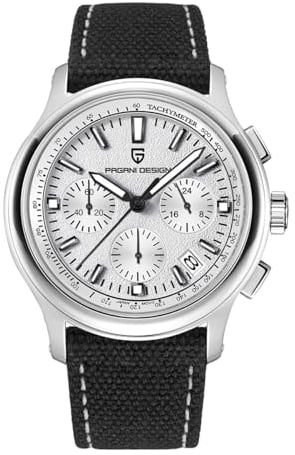 Pagani Design Herren-Quarzuhr, Herren-Chronograph, Japanisches VK63-Uhrwerk, AR-Saphirkristallglas, Lederarmband, 100M wasserdichte Uhr PD-1781 (Schwarz und weiß)