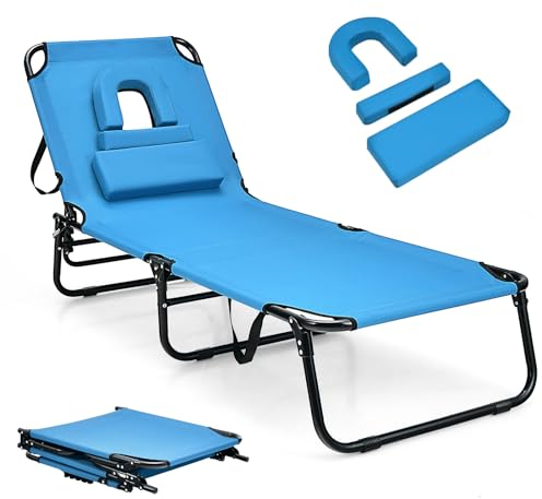 KOMFOTTEU Lettino Prendisole Pieghevole con 3 Poggiatesta Removibili e Foro per il Viso, Sedia a Sdraio da Giardino Regolabile a 5 Livelli, Lettino da Spiaggia, Piscina, Portato 160kg (Blu)