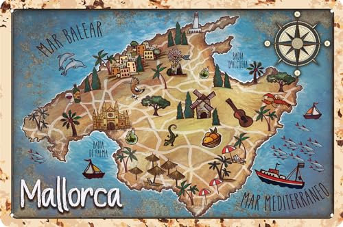 LUCKYLINDE wetterfestes Blechschild, Wandschild, Türschild Mallorca Landkarte Karte Deko 20 x 30 cm
