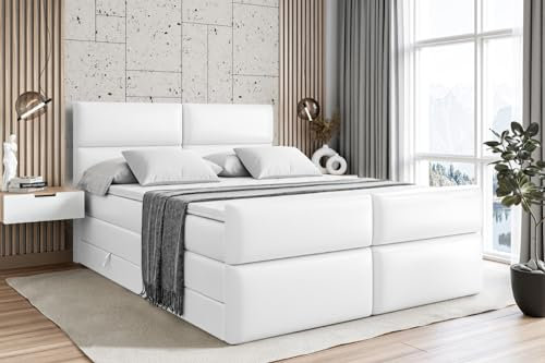 ALTDECOR Boxspringbett mit Matratze und Lattenrost, Topper, Fußteil,Polsterbett mit Bettkasten, Bett mit Stauraum H3- und H4- Matratze, Doppelbett - BOXI3-Z KING-180x200 -Weiß Kunstleder