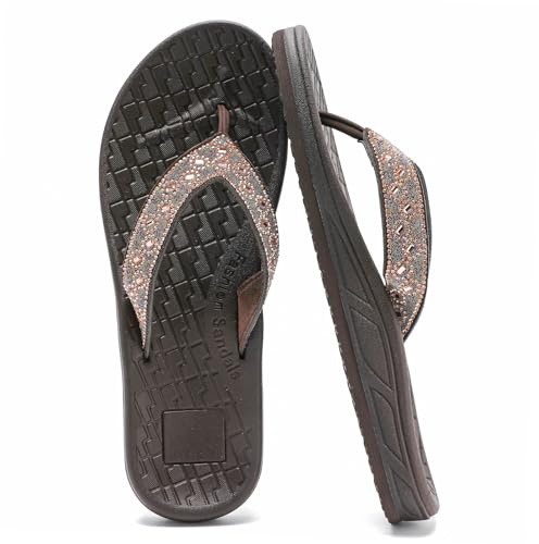 Guyarns Flip Flops Women with Arch Support,Womens Flip Flops with Rhinestone Summer Beach Soft Thick Slides Sandals(Brown,5)
