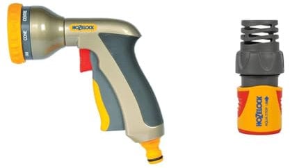 HOZELOCK - Multi-Jet Spray Gun Plus : Ergonomic, Extremely Compact Metal Multi-Task Gun for Ease of Use, Lockable: 9 Spray Patterns [2691P6001] & Conector AquaStop (19 mm), Standard