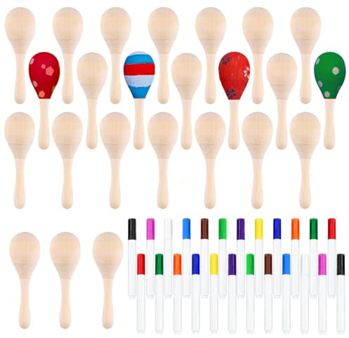 CHRORINE 24/36 Teiliges Holz Maracas für Kinder, DIY Set mit 24 Farbstiften, Maracas Musikinstrumente für Cinco De Mayo, Mexikanische Fiesta, Geburtstagsparty (24)