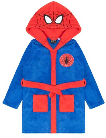 Spiderman Bademantel Kinder Jungen Fleece, Spidermann Morgenmantel Kinder mit Kapuze (DE/NL/SE/PL, Numerisch, 128, Regular, Blau-Rot)