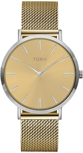 TORII Damenuhr Gold Edelstahl - rund Quarz S38GM.GS Milanaise-Armband Strichindizes wasserdicht 50 m
