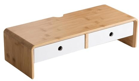 Simcat Supporto per monitor a 2 ripiani con cassetti, in legno, per la gestione dei cavi, per casa e ufficio, organizer da scrivania (bianco misto, 50 x 20 x 13 cm)