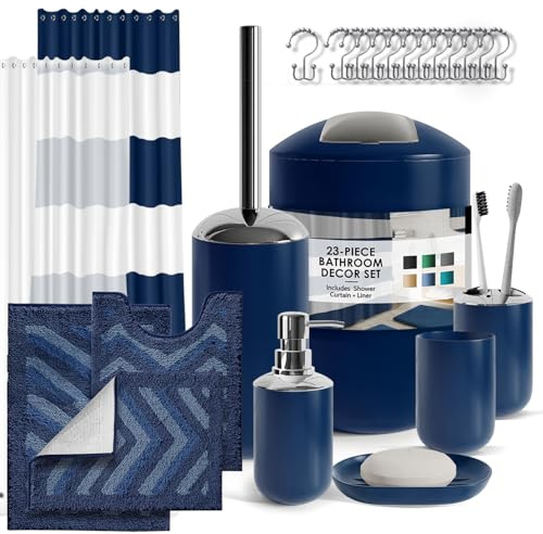 Clara Clark Bathroom Set - 23PC Shower Curtain Set with Bathroom Trash Can, Navy Bathroom Set, Bathroom Sets with Shower Curtain and Navy Rugs