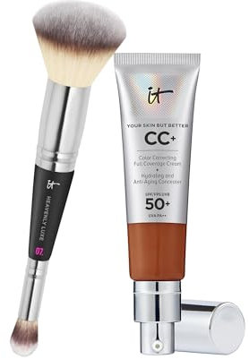 IT Cosmetics, Lot de 2 produits, Crème CC+ Anti-Âge Your Skin But Better, Haute Couvrance, Waterproof, Fini Naturel, 32 ml, Teinte Deep + Heavenly Luxe #7, Pinceau Double Embout