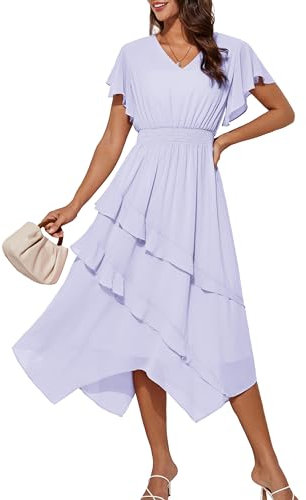 Women's Summer Dress Boho Swing Flowing Ruffles Hem Beach Dresses M Purple