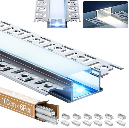 GEEKLUX 6 x LED Trockenbauprofil für Stripes Led, 1 m (Gesamt 6 m), LED Aluminium Profil für Stripes bis 20 mm Breite oder Zwei led Stripes, Mit Halbtransparentem PC Diffusor, Maße: 64,2 x 13,8 mm