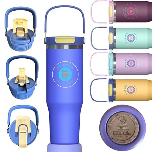 CTIERRA Botella térmica de 1,2 l con pajita, taza térmica de acero inoxidable sin BPA, calidad premium, doble pared, frío 48 h, calor 12 h, boquilla flip, vaso esthetic para deporte y oficina