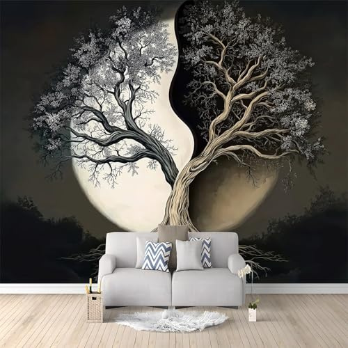 Photo Wallpaper 3D Effect Panoramic Mural Fantasy Tree of Life for Living Room Adult Children Bedroom Home Decoration Wall Poster-Non-Woven 118 x 83/300 x 210 cm(WxH) Wall Mural Black White