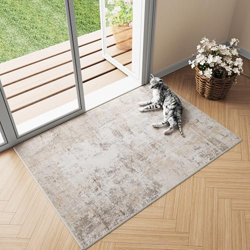 Waschbare Teppiche Gegend Kleiner Teppich 60 X 90cm Beige Grau Modern Abstrakt Eingangsbereich EingangstüR Teppisch rutschfest Kurzflor Weich Bettvorleger Küchen Carpet