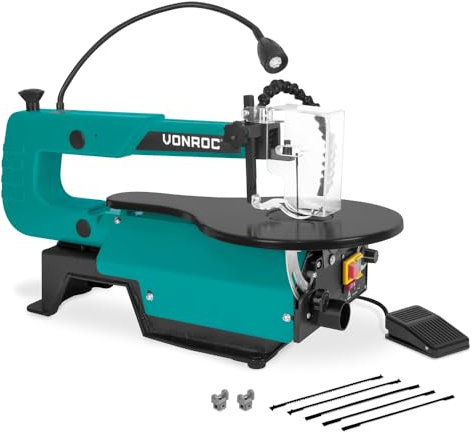 VONROC Sega da Traforo 120W - Incl. 6 Lame, Pedale, LED, Soffiaggio Polvere - Per Legno, Metallo, Plastica
