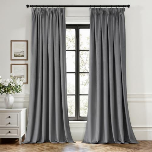 EMEMA Samtvorhang mit Kräuselband Grau 2er Blickdichte Vorhänge H300xB140cm | Samt Gardinen Deko Blickdichte Vorhänge mit Kräuselband Wohnzimmer Schlafzimmer Verdunkelung Thermovorhang Samt kräuselband