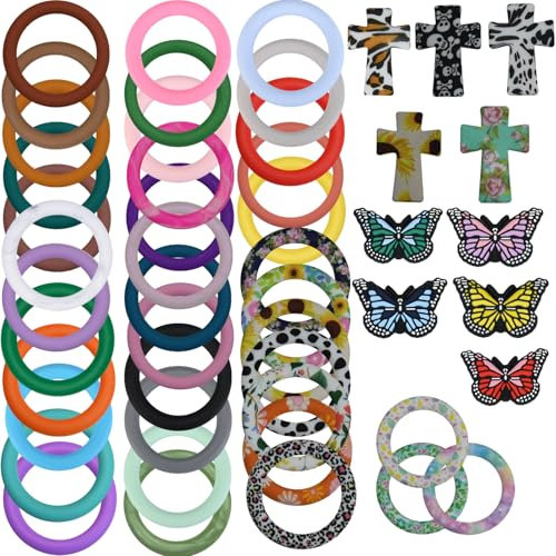 CYEENUT 50 x O-Ringe aus Silikon, 65 mm, Schmetterlings- und Kreuzperlen zur Herstellung von Schlüsselanhängern für Armbänder, Halsketten, Verbindungsring-Zubehör (Rosa, Rot und Blau)