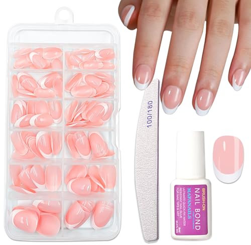120pcs Short Oval False Nails Set - French Tip Press on Nails - 15 Sizes French Stick on nails - Strong Fake Nails with Glue - Long Lasting nail tips Full Cover for Women Manicure