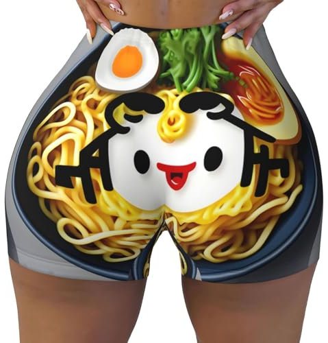 pvinnk Pantalones cortos de entrenamiento para mujer, diseño de huevera, fideos y ramen, sin costuras, cintura alta, uso diario, Negro -, M