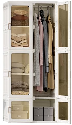 TIMORWTF Armario de almacenamiento blanco plegable portátil 170 x 50 x 69 cm con puertas magnéticas y barra para colgar ropa para dormitorio