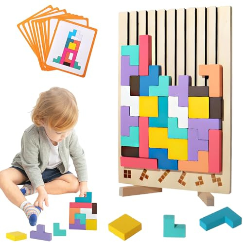 Hnjindong Holz Tetris Stapelpuzzle - Klassisches Tetris Spiel als Montessori Lernspielzeug für Kinder 3-6 Jahre, Mit 10 Übungs-Karten, Perfektes Entwicklungsspielzeug und Geschenk für Kleinkinder