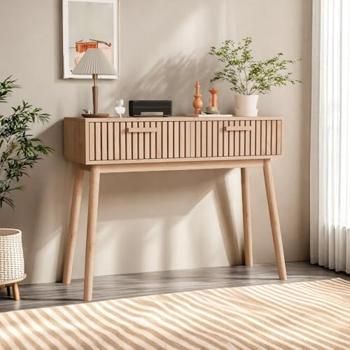 Aneutr Bureau avec Rangement 100 x 35 cm, Petit Bureau avec 2 tiroirs en Bois, Bureau d'ordinateur, Table d'étude Simple, Coiffeuse, Table de Bureau pour Salon, Chambre