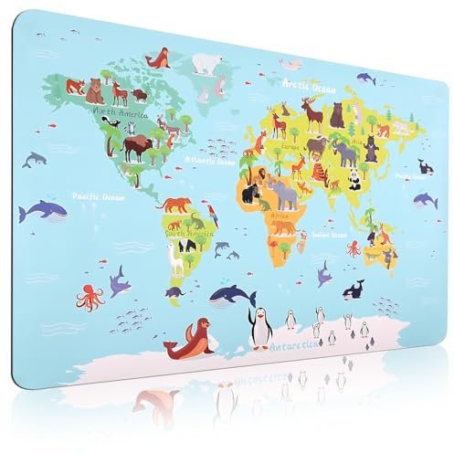 SGZIOO Schreibtischunterlage Kinder Abwischbar, Welttierkarte Schreibtisch Unterlage Kinder, Welt Tiere Schreibunterlage Kinders, Öl und Schmutzabweisend, Weicher 60 x 40 cm (Blau, Welttierkarte)