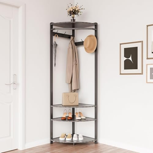 Schuhregal Mit Garderobe, Garderobenständer Ecke,Metall Eckgarderobe,Freistehender Kleiderständer Mit 4 Ebenen 6 Haken Für Kleidung Hut Tasche,Flur Eingang Wohnzimmer Schlafzimmer,Grau