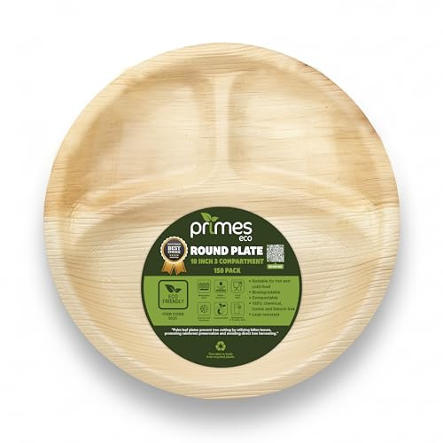PRIMES ECO 10 Round 3-Compartment Palm Leaf Bamboo Disposable Plates | Eco Friendly, Heavy Duty | Biodegradable Party Tableware for BBQ, Catering, Wedding & Picnic