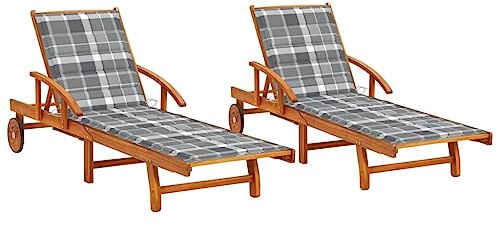 Owoxanthellate Akazie Liegestuhl 2er Set 199x67x85 cm, klappbar, wetterfest, Massivholz, verstellbare Lehne, Rollen, graue Auflagen, für Garten/Balkon/Terrasse
