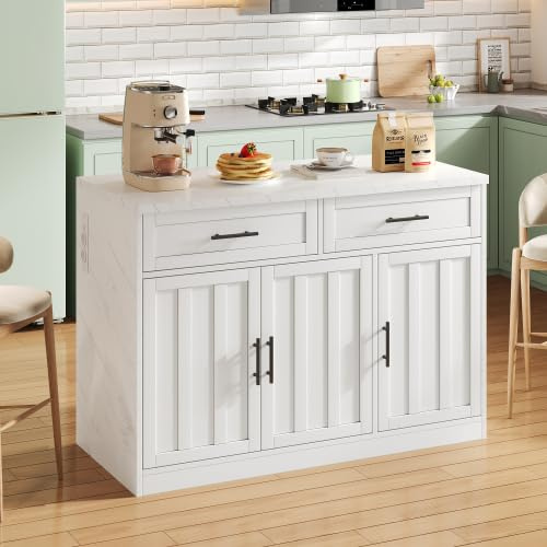 Merax Isla de cocina 120 x 60 x 91 cm con zona de bar, enchufes y puertos USB, encimera de mármol blanco, estantes ajustables, asas metálicas y toallero