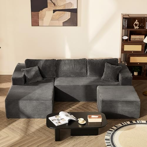 Litbird U-förmiges modulares Ecksofa 272 cm mit Schlaffunktion, rahmenloses Oversize Schlafsofa mit Chaiselongue Links, extra Tiefe Sitzfläche, montagefrei – für Wohnzimmer & Schlafzimmer,Grau