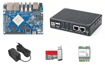 NanoPC-T6 Plus Mini routeur WiFi open source, RK3588 Quad-Core SoC, 16 Go LPDDR5 64 Go eMMC, clé M.2 B pour 4G LTE, Dual 2,5 G Ethernet/NVMe SSD/WiFi Module Smart IoT Gateway (Full Kit, 32 + 64 Go)