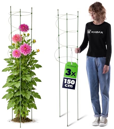 KADAX Pflanzenstütze 150 cm, 3 Stück, Staudenhalter aus beschichtetem Metall, Rund Rankhilfe für Dahlien, Pfingstrosen und hohe Stauden im Garten, Pflanzenstützen