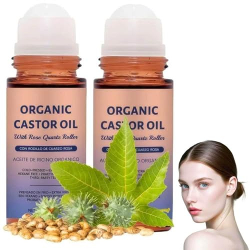 Organic Castor Oil Roll On with Rose Quartz Roller, 100% Pure Cold Pressed Oil, Deeply Moisturising & Anti Ageing, for Face, Under Eyes, Lashes and Hair, 2 Bottle