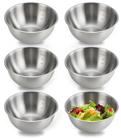 RTSHUK 6 PCS Stainless Steel Mixing Bowls, Ø 17cm Stackable Metal Mixing Bowl Set 700ml Non Slip Bottom Metal Bowls Kitchen for Baking Dough Kneading Salad Fruit Desserts Soups