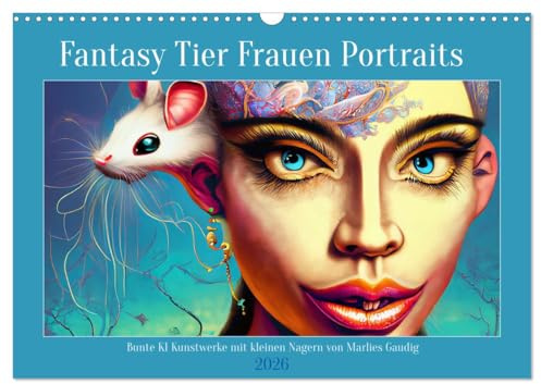 Fantasy Tier Frauen Portraits (Wandkalender 2026 DIN A3 quer), CALVENDO Monatskalender: Bunte Kunstwerke, halb Mensch halb Tier (CALVENDO Kunst)