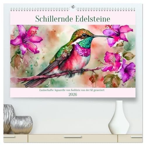 Schillernde Edelsteine (hochwertiger Premium Wandkalender 2026 DIN A2 quer), Kunstdruck in Hochglanz: Zauberhafte Aquarelle von Kolibris KI-generiert (CALVENDO Tiere)