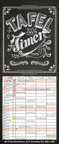 Tafel Timer 2026: Typo Art Familienkalender mit 4 breiten Spalten in Tafeloptik. Hochwertiger Familienplaner mit Ferienterminen, Vorschau bis März 2027.