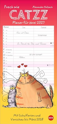 Catzz Planer für zwei 2027: Lustiger Wandplaner für zwei. Partnerkalender mit 2 Spalten. Terminkalender mit witzigen Cartoon-Katzen. Wandkalender für 2 Personen.