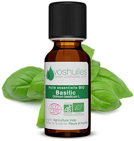 Voshuiles - Huile Essentielle Basilic Bio 60ml - Parfum Herbacé - Idéale pour la Digestion et la Fatigue - Huiles Essentielles de Qualité - 100% Pure et Naturelle - HEBBD et Certifiée ECOCERT