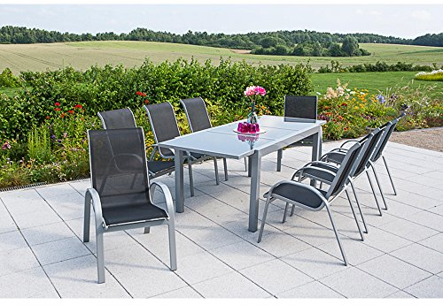 Merxx 9tlg. Amalfi Set, 8 Amalfi Stapelsessel, 1 Ausziehtisch, 160 (220) x 90 cm, schwarz
