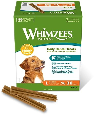WHIMZEES By Wellness Stix, Kaustangen für große Hunde zur Zahnpflege, Größe L, 30 Stück (Monatspackung), ohne Zuckerzusatz, getreidefrei, natürlich, fettarm